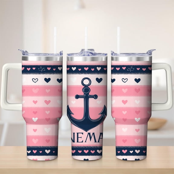 Nautical Anchor Hearts Stainless Steel Insulated Mug with Lid and Handle, 40oz