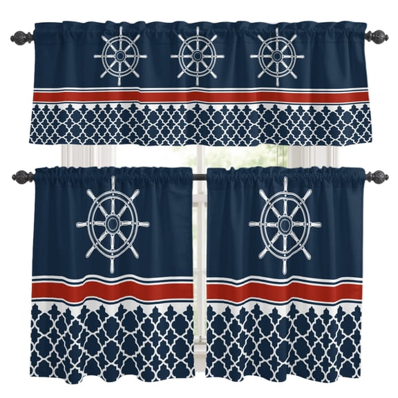 Nautical Anchor Kitchen Curtains Set for Windows, Nautical Anchor Red Stripe Plaid Navy Blue Curtains Valance and Tier 3 Piece Set Small Drapes 24 Inch Length for Kitchen Bedroom Decor