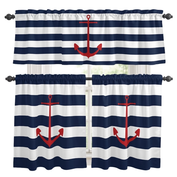 Nautical Anchor Kitchen Curtains Set for Windows, Navy Blue and White Striped Curtains Valance and Tier 3 Piece Set Small Drapes 36 Inch Length for Kitchen Bedroom Decor