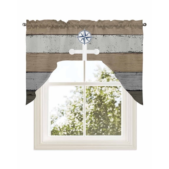 Nautical Anchor Kitchen Curtains Swag Valance for Windows/Bathroom/Cafe, Vintage Abstract Brown Gray Wooden Grain Rod Pocket Drape Panel Swag Curtains Valance for Bedroom/Living Room 56"x36"