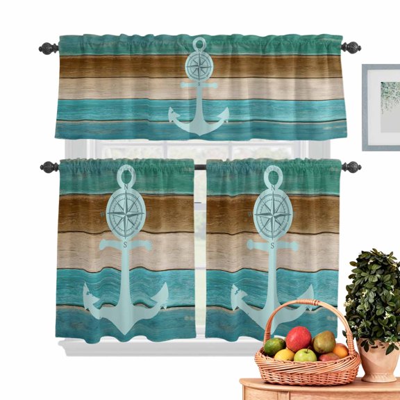 Nautical Anchor Kitchen Curtains Valances 3 Piece Set, Rustic Blue Brown Wood Grain Vintage Rod Pocket Tier Curtain and Valance Drapes for Small Window 24 Inch Length for Bedroom Cafe
