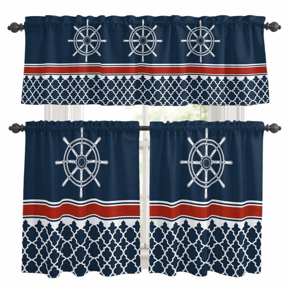 Nautical Anchor Kitchen Curtains Valances and Tiers Set of 3 Nautical Anchor Red Stripe Plaid Navy Blue Tier Curtains and Valance with Rod Pocket for Small Windows, 27.5"x24"