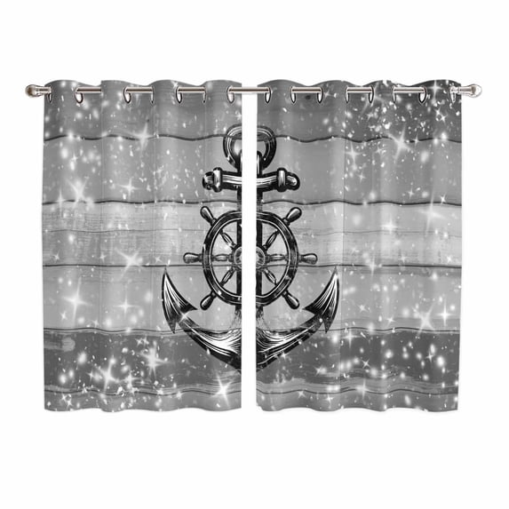 Nautical Anchor Kitchen Curtains Window Panels, Rudder Stars Retro Black Grey Wooden Grain Insulated Window Treatment Curtain, Grommet Curtains for Bedroom/Living Room/Bathroom, 2 Piece 52"Wx63"L