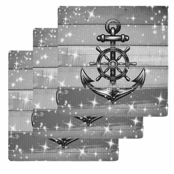 Nautical Anchor Kitchen Dish Towels for Drying Dishes Set of 3, Rudder Stars Retro Black Grey Wooden Grain Waffle Weave Microfiber Hand Tea Bathroom Towels Quick Dry & Absorbent Towel 12x12