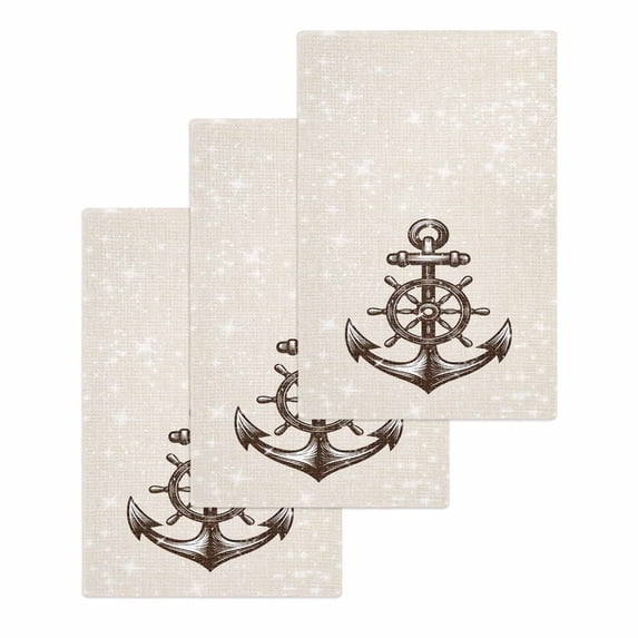 Nautical Anchor Kitchen Dish Towels for Drying Dishes Set of 3, Vintage Coastal Rudder Farmhouse Beige Waffle Weave Microfiber Hand Tea Bathroom Towels Quick Dry & Absorbent Towel 15.7x23.6
