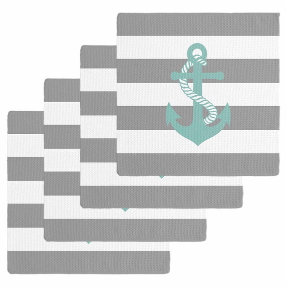 Nautical Anchor Kitchen Dish Towels for Drying Dishes Set of 4, Turquoise Grey White Horizontal Stripe Waffle Weave Microfiber Hand Tea Bathroom Towels Quick Dry & Absorbent Towel 12x12