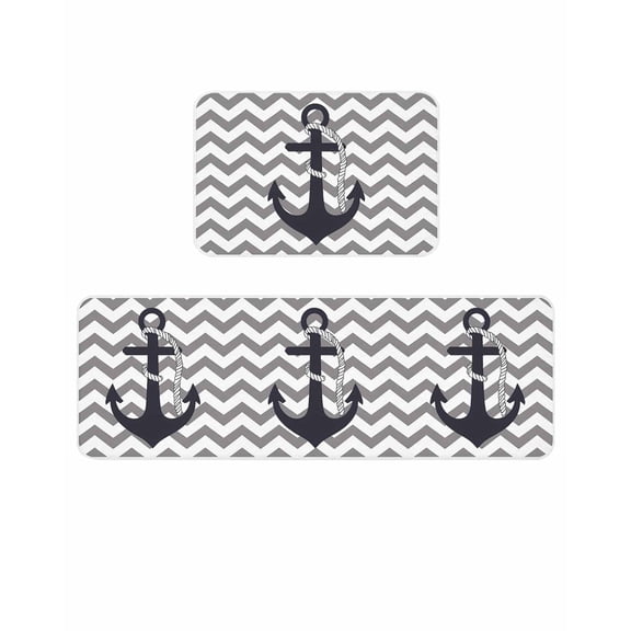 Nautical Anchor Kitchen Mats for Floor 2 Piece, Gray Chevron Striped Abstract Geometric Absorbent Non-Slip Kitchen Rugs Comfort Standing Mat for Laundry, Hallways 20"x24"+20"x48"