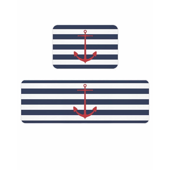 Nautical Anchor Kitchen Mats for Floor 2 Piece, Navy Blue and White Striped Absorbent Non-Slip Kitchen Rugs Comfort Standing Mat for Laundry, Hallways 15.7"x23.6"+15.7"x47.2"