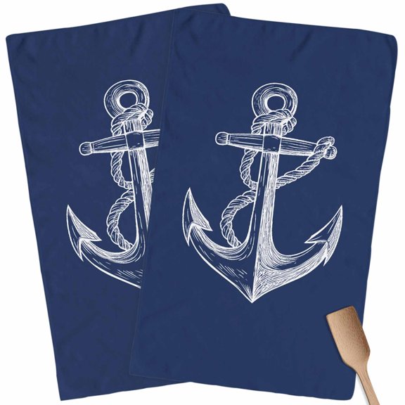 Nautical Anchor Kitchen Towel Dish Cloths Set of 2, Microfiber Soft Kitchen Hand Towels, Navy Blue Coastal Marine Minimalist Rope Absorbent Quick Drying Dishcloths 18 x 28 Inches