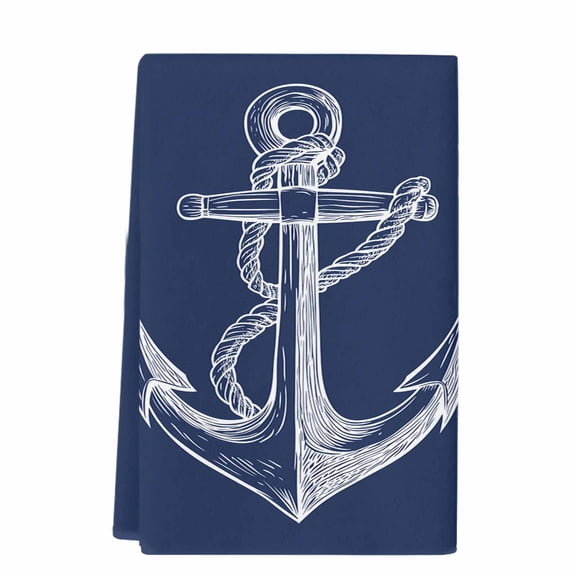 Nautical Anchor Kitchen Towels Set of 1, Absorbent Microfiber Dish Tea Towels with Hanging Loop, Navy Blue Coastal Marine Minimalist Rope Resuable Hand Towel for Home Kitchen Cooking Cleaning 18"x28"
