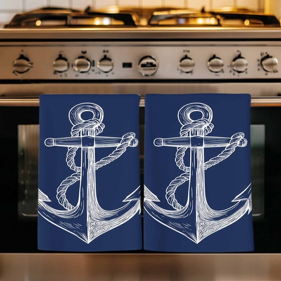 Nautical Anchor Kitchen Towels Set of 1, Navy Blue Coastal Marine Minimalist Rope Absorbent Dish Towels for Kitchen, Microfiber Hand Towel, Quick Drying Tea Towel for Cleaning Decorative Dishcloths