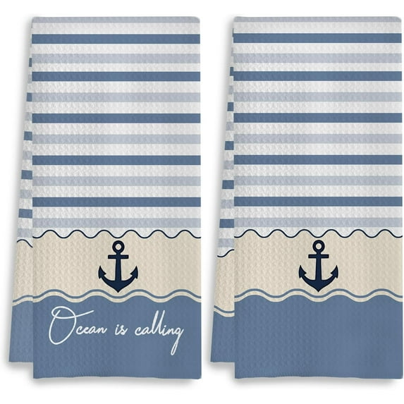 Nautical Anchor Kitchen Towels Set of 2, Blue and White Striped Nautical Hand Towels for Bathroom, Nautical Dish Towels, Coastal Beach Kitchen Towels, Boat Towels,18x26 Inches
