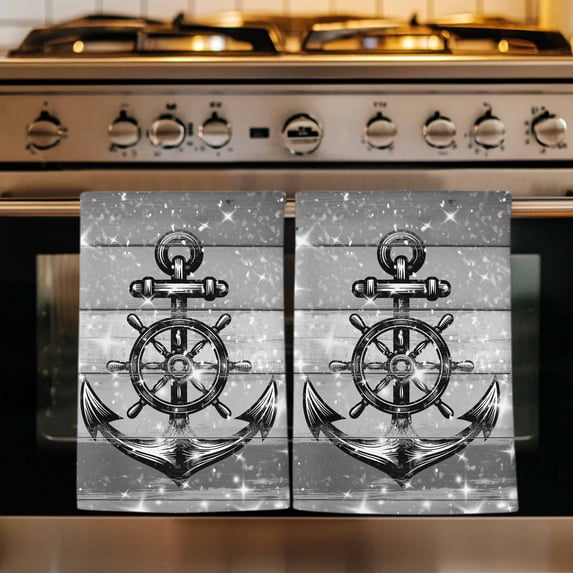 Nautical Anchor Kitchen Towels Set of 2, Rudder Stars Retro Black Grey Wooden Grain Absorbent Dish Towels for Kitchen, Microfiber Hand Towel, Quick Drying Tea Towel for Cleaning Decorative Dishcloths