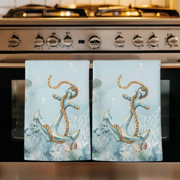Nautical Anchor Kitchen Towels Set of 3, Coastal Ocean Coral Eucalyptus Leaves Absorbent Dish Towels for Kitchen, Microfiber Hand Towel, Quick Drying Tea Towel for Cleaning Decorative Dishcloths