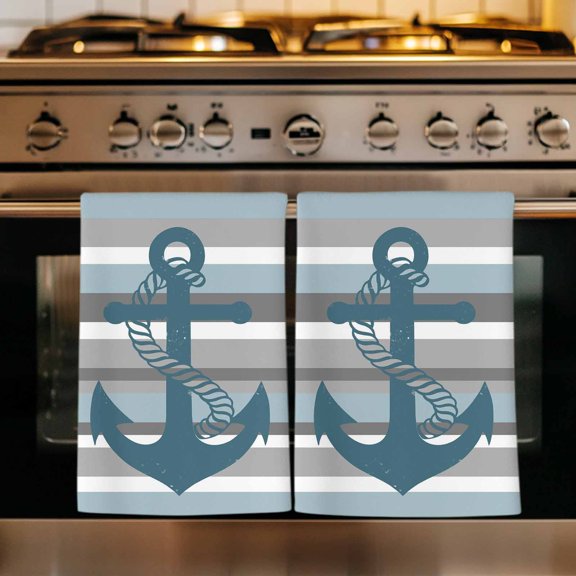 Nautical Anchor Kitchen Towels Set of 4, Ocean Grey Blue Stripes Simple Lines Absorbent Dish Towels for Kitchen, Microfiber Hand Towel, Quick Drying Tea Towel for Cleaning Decorative Dishcloths