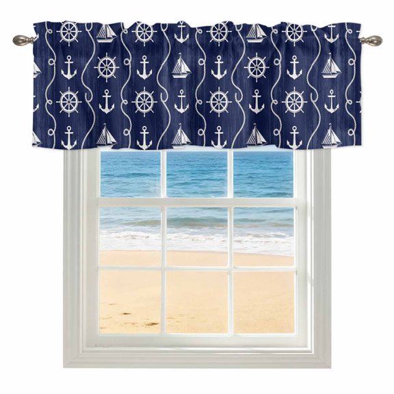 Nautical Anchor Kitchen Valances for Windows 54x18 Inch Kitchen Curtains Valances Rod Pocket Navy Blue Sailboat Rudder Ocean Vintage Bathroom Window Valances for Window Treatment Decor