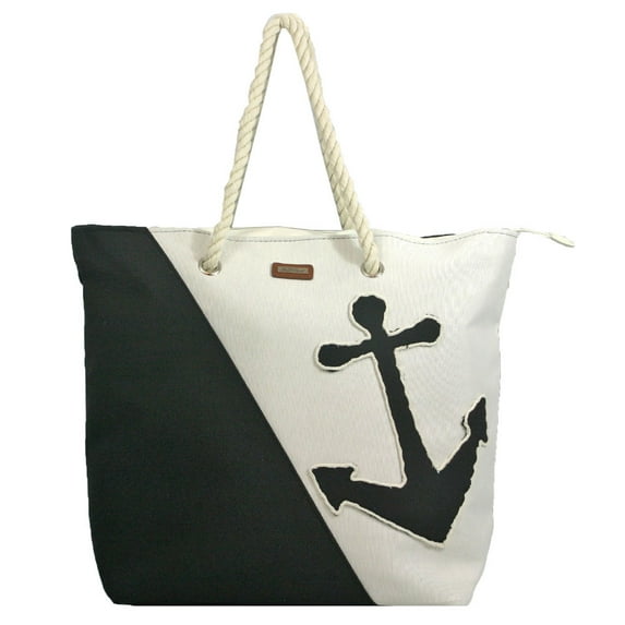 Nautical Anchor Large Tote Bag with Rope Handles - Navy/White Beach Tote, Spacious Canvas Shoulder Bag for Travel, Shopping & Summer Outings