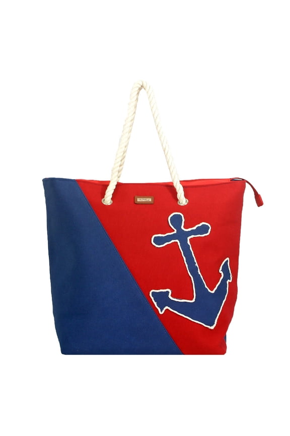 Nautical Anchor Large Tote Bag with Rope Handles - Red/Blue Beach Tote, Spacious Canvas Shoulder Bag for Travel, Shopping & Summer Outings