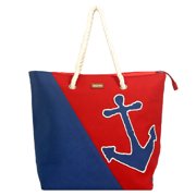 Nautical Anchor Large Tote Bag with Rope Handles - Red/Blue Beach Tote, Spacious Canvas Shoulder Bag for Travel, Shopping & Summer Outings
