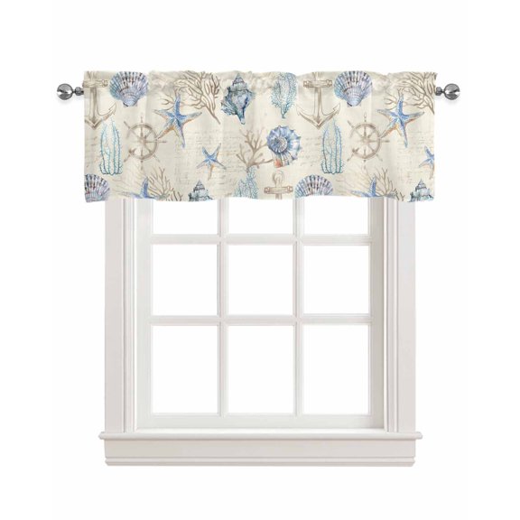 Nautical Anchor Linen Curtain Valance for Bedroom/Bathroom/Kitchen/Office/Living/Dining Room Window,Coastal Starfish Shell Conch Coral Blue Pocket Topper Drapes Decorative Cafe Drapery Panel 42"x18"
