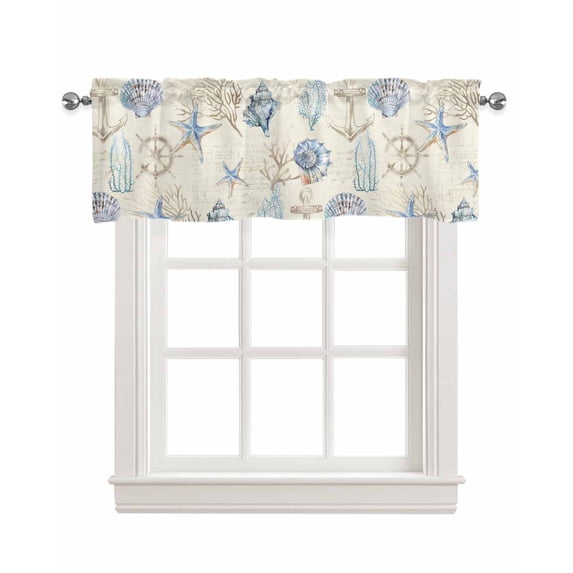 Nautical Anchor Linen Curtain Valance for Bedroom/Bathroom/Kitchen/Office/Living/Dining Room Window,Coastal Starfish Shell Conch Coral Blue Pocket Topper Drapes Decorative Cafe Drapery Panel 54"x18"