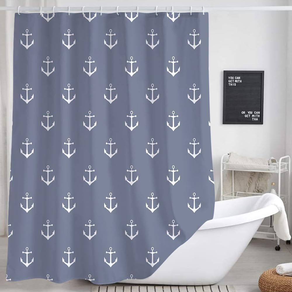 Nautical Anchor Long Shower Curtain for Bathroom, Blue White Beach ...