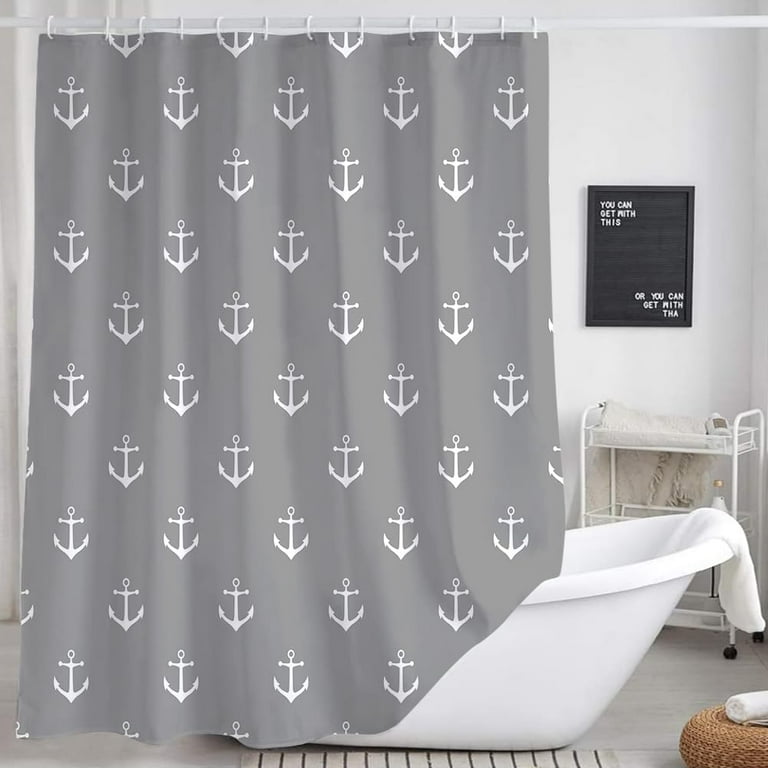 Nautical Anchor Long Shower Curtain for Bathroom, Grey White Beach Coastal Beachy Fabric Shower Curtains Set Decorative, Gray Men Boys Kids Restroom