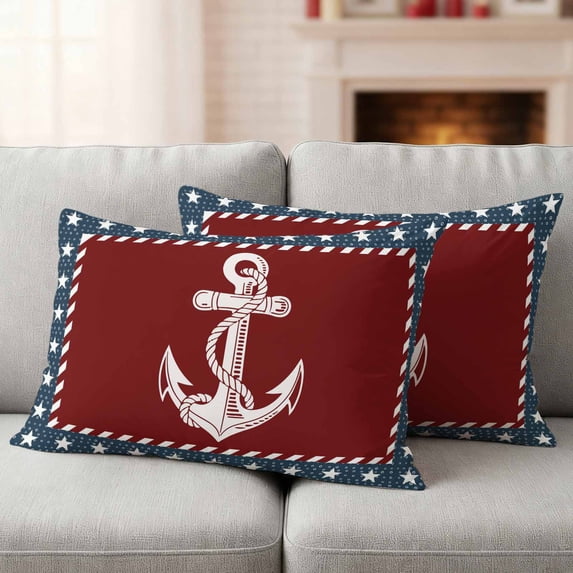 Nautical Anchor Lumbar Pillow Covers 20x12 Inch Set of 2, Red Navy Blue Coastal Stars Ocean Waterproof Outdoor Pillow Covers, Decorative Cushion Pillowcases for Couch, Sofa, Bed, Garden, Patio