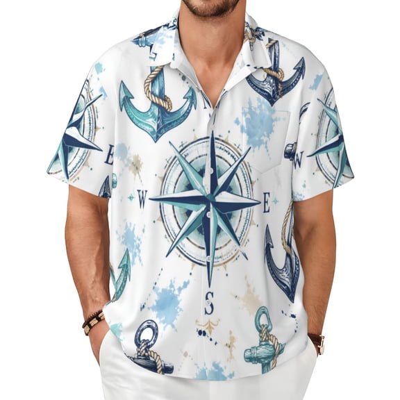 Nautical Anchor Men's Shirts Short-Sleeved with All-Over Prints Button-Up Shirts