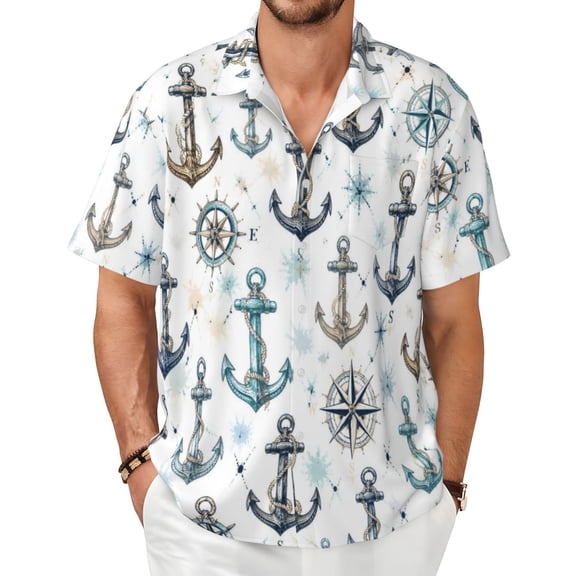 Nautical Anchor Men's Shirts Short-Sleeved with All-Over Prints Button-Up Shirts