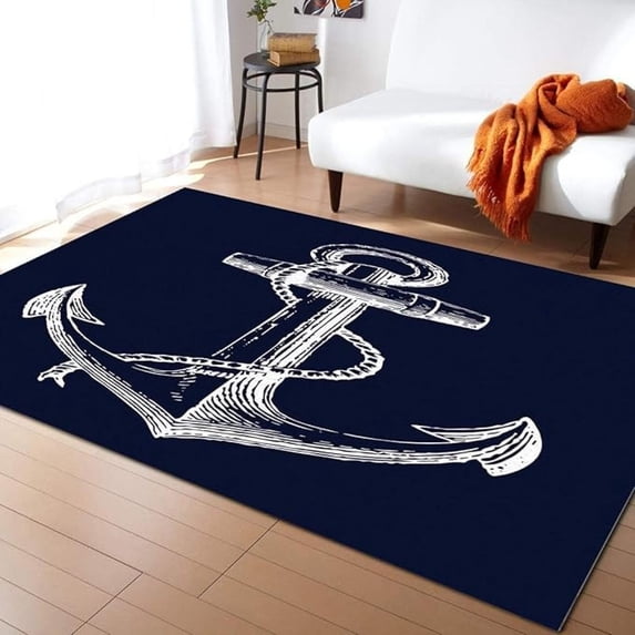 Nautical Anchor Navy Blue Area Rug, Anchor Compass Washable Carpet, Indoor Non-Slip Kids Rugs, Machine Washable Breathable Durable Carpet For Front Entrance Floor Living Room Decor 2x3ft