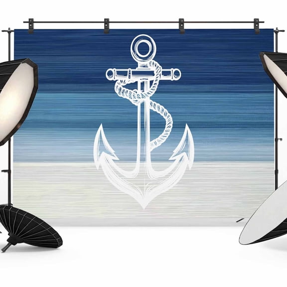 Nautical Anchor Navy Blue Backdrop for Photoshoot,Photography Photo Studio Background Wall Backdrop,Coastal Ocean Ombre Striped Back Drop Banner Panel for Portraits Wedding Live Streaming 10x8Ft