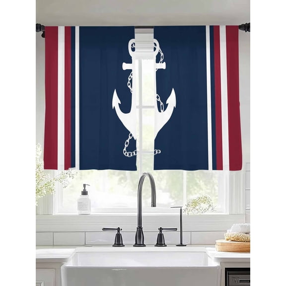 Nautical Anchor Navy Blue Chiffon Sheer Curtains 45 Inches Long, Burgundy Red Stripe 2 Rod Pocket Window Treatment Voile Drapes Curtains for Living Room Bedroom,2 Panels, 52x45In