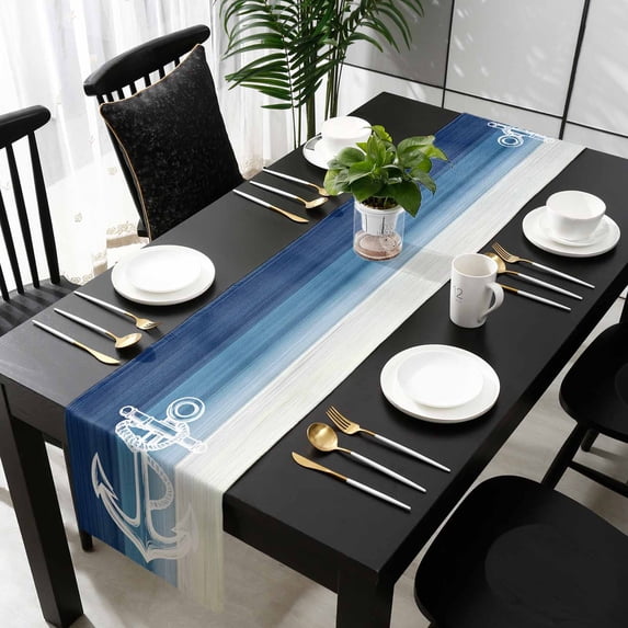 Nautical Anchor Navy Blue Cotton Linen Table Runner 13 x 70 inch Coastal Ocean Ombre Striped Non-slip Rectangular Dining Table Decor for Wedding Party Holiday Dinner