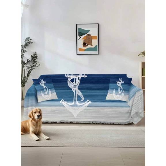 Nautical Anchor Navy Blue Couch Cover, Coastal Ocean Ombre Striped Oversized Sofa Cover Blanket for 3 Cushion Couch,Sectional Sofa Slipcover Furniture Protector for Living Room Bedroom 71''x150''
