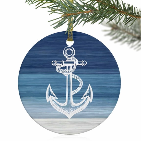 Nautical Anchor Navy Blue Gradient Christmas Ceramic Ornament 2025,3" Round Xmas Tree Hanging Accessories with Gold Ribbon