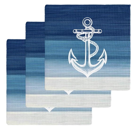 Nautical Anchor Navy Blue Kitchen Dish Towels for Drying Dishes Set of 3, Coastal Ocean Ombre Striped Waffle Weave Microfiber Hand Tea Bathroom Towels Quick Dry & Absorbent Towel 12x12