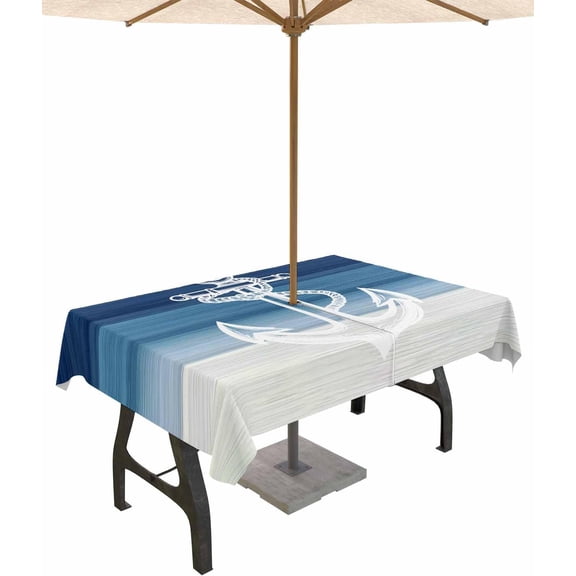 Nautical Anchor Navy Blue Outdoor Tablecloth with Umbrella Hole Rectangle,Coastal Ocean Ombre Striped Waterproof Table Cloth Washable Wipeable Cover Spill Proof for Patio Summer Picnic BBQ 60x84