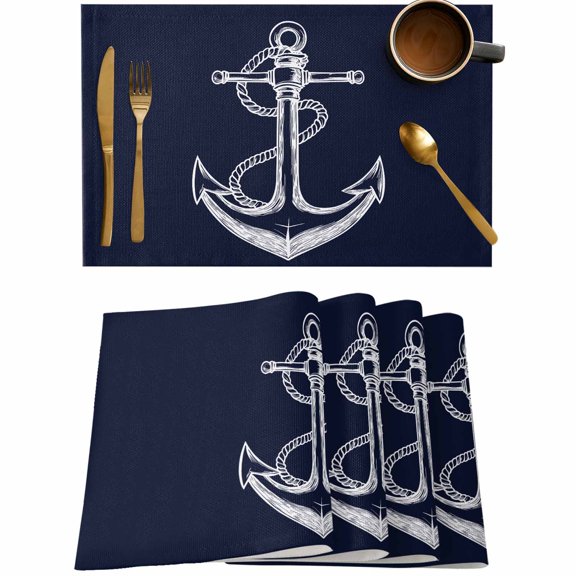 Nautical Anchor Navy Blue Placemats Set of 4,Wipeable Washable Table Mats for Dining Tables,Ocean Coastal Style Place Mats for Kitchen Event Party Tabletop Decor