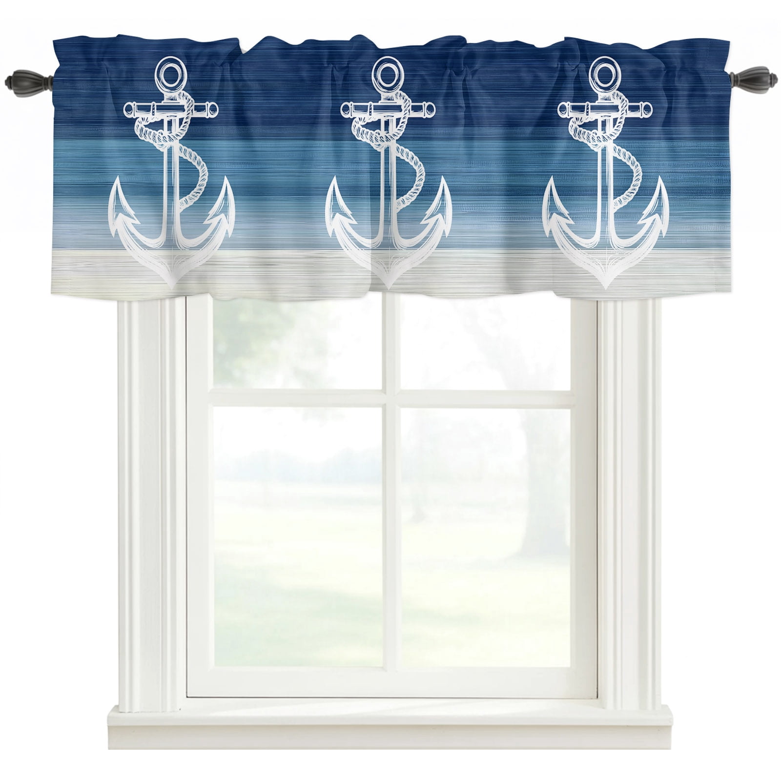Unchor Rod Nautical Anchor Navy Blue Rod Pocket Curtain Valance, Coastal Ocean ...