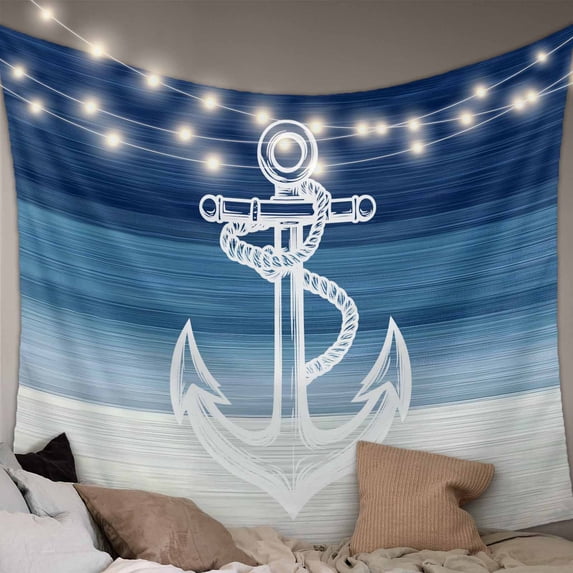 Nautical Anchor Navy Blue Small Tapestry for Bedroom Wall Hanging Tapestry, Coastal Ocean Ombre Striped Ceiling Backdrop Tapestries Poster Blanket Wall Decor for Teens Room Living Room Dorm 23" x 28"