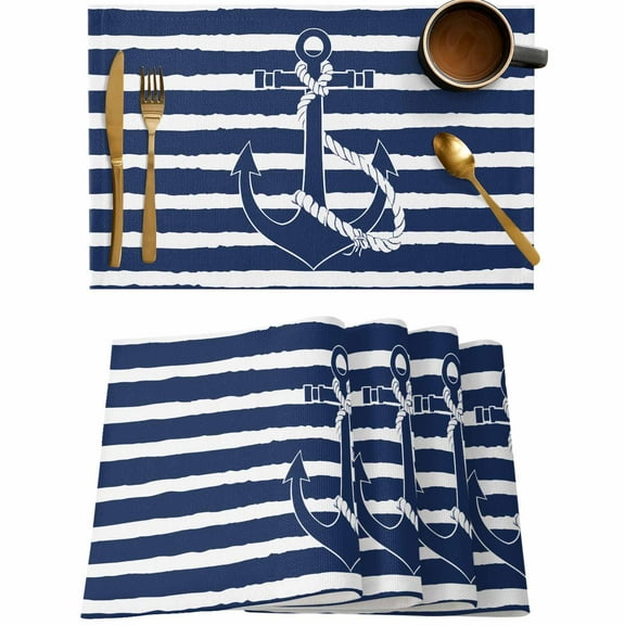 Nautical Anchor Navy Blue Stripe Placemats Set of 4,Wipeable Washable Table Mats for Dining Tables,Summer Nautical Coastal Theme Place Mats for Kitchen Event Party Tabletop Decor