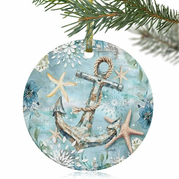 Nautical Anchor Ocean Starfish Christmas Ceramic Ornament 2025,3" Round Xmas Tree Hanging Accessories with Gold Ribbon