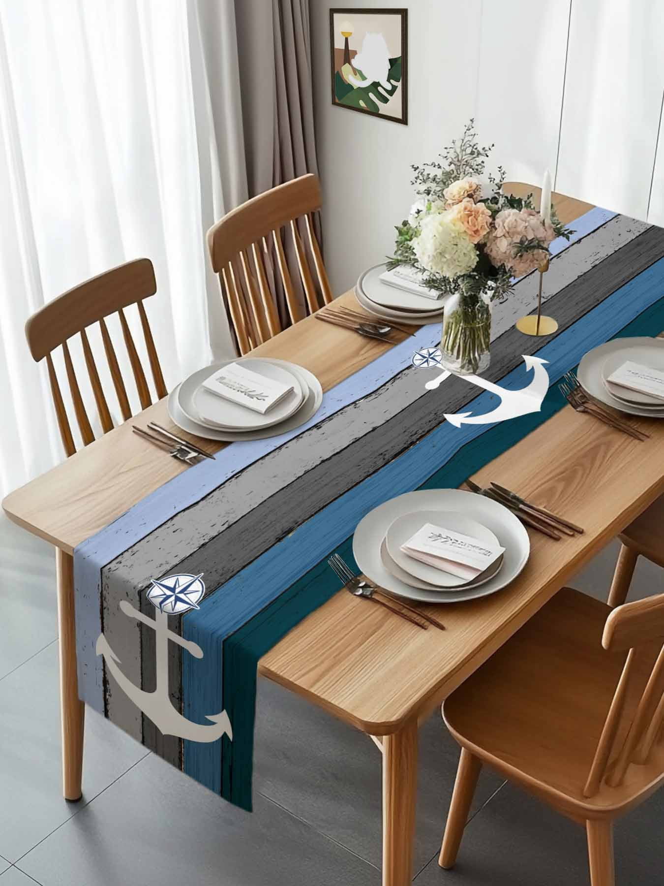 Nautical Anchor Ocean Theme Table Runner 90 Inches Long, Farm Blue Wood Board Table Runners Tabletop Scarf Kitchen Dining Tables Decoration for Home Party Indoor Outdoor