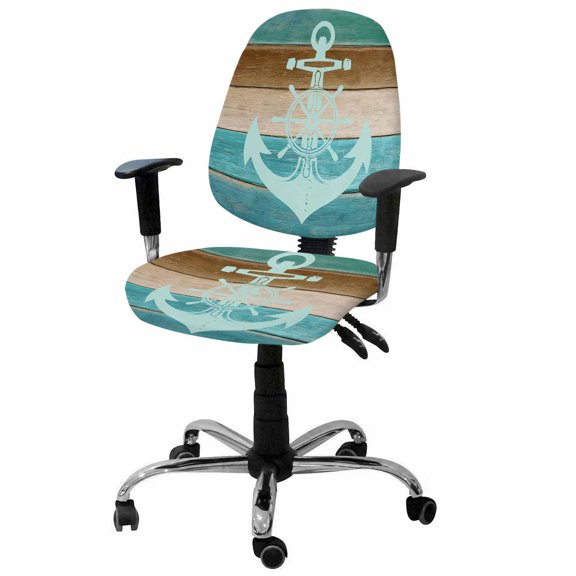 Nautical Anchor Office Chair Covers Stretchable Rustic Blue Brown Wood Grain Ocean Split Computer Desk Chair Cover Universal Spandex Chair Seat Covers Rotating Boss Arm Chair Slipcovers