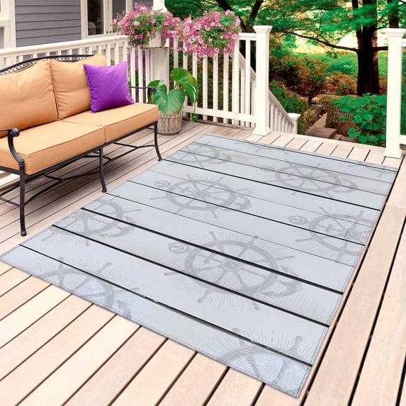 Nautical Anchor Outdoor Rug 4x6 Ft, Non Slip Washable Area Rug, Coastal Ocean Sea Grey Wooden Grain Patio Rugs Carpet Runner, Large Floor Mat for Indoor/Outdoor Deck Porch Camping