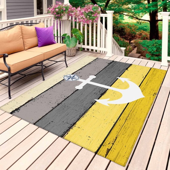 Nautical Anchor Outdoor Rug 5x7 Ft, Non Slip Washable Area Rug, Yellow Gray Gradient Wooden Grain Patio Rugs Carpet Runner, Large Floor Mat for Indoor/Outdoor Deck Porch Camping