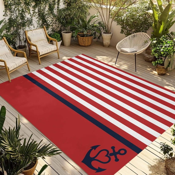 Nautical Anchor Outdoor Rug 5x7 Ft - Reversible Patio Rug Outdoor Camping Rugs, Red White Geometric Horizontal Stripes Washable Indoor Outdoor Area Rugs, Non-Slip Outdoor Carpet Runner for Deck/Porch