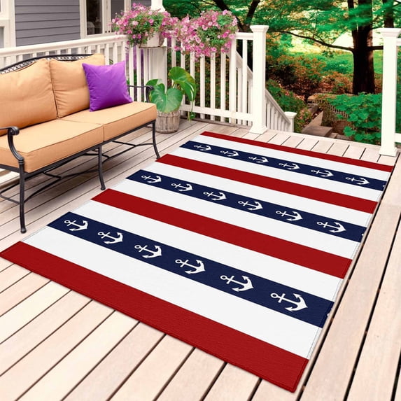 Nautical Anchor Outdoor Rug for Patio/Deck/Porch, Non-Slip Large Area Rug 3 x 5 Ft, Red Navy Blue White Stripe Geometric Indoor Outdoor Rugs Washable Area Rugs, Reversible Camping Rug Carpet Runner