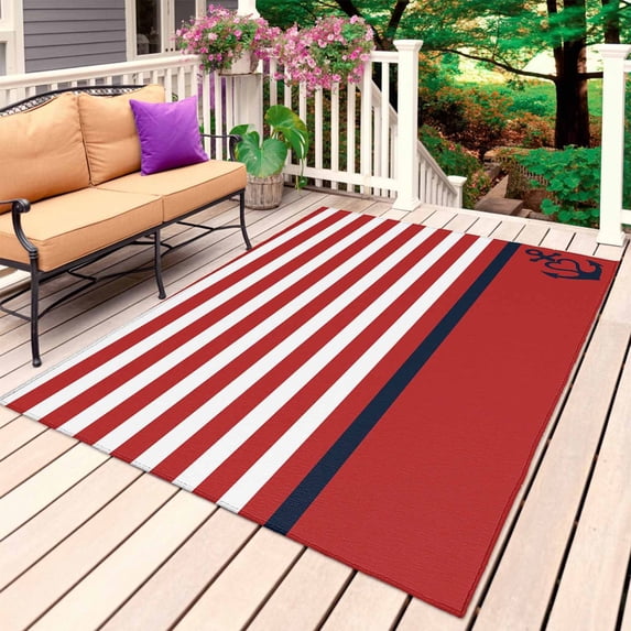 Nautical Anchor Outdoor Rug for Patio/Deck/Porch, Non-Slip Large Area Rug 3 x 5 Ft, Red White Geometric Horizontal Stripes Indoor Outdoor Rugs Washable Area Rugs, Reversible Camping Rug Carpet Runner